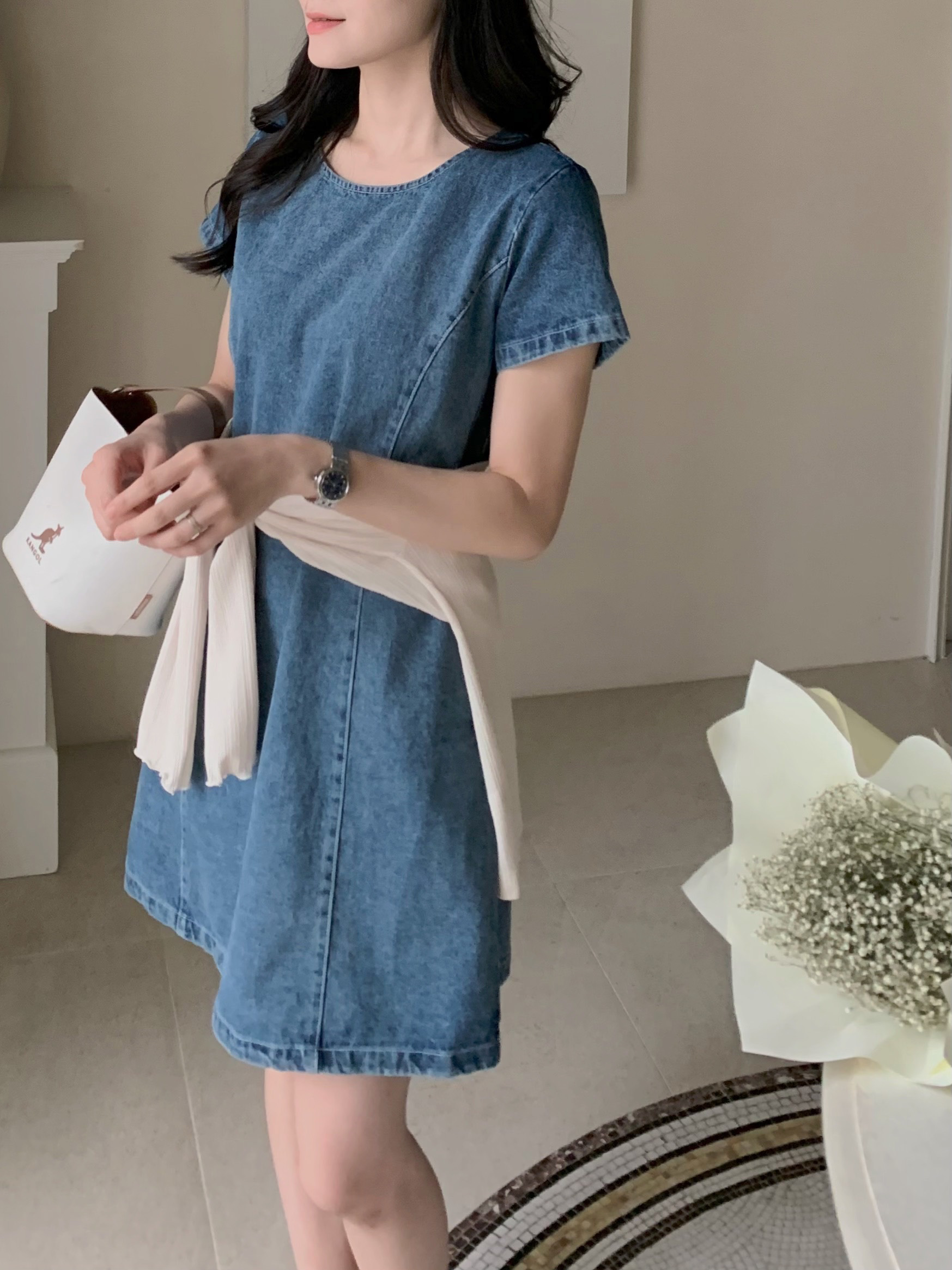 小花修身單寧洋裝